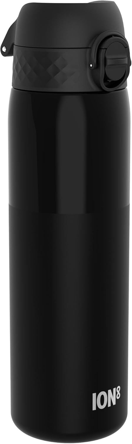 Ion8 Water Bottle, 500 ml/18 oz, Leak Proof, Easy to Open, Secure Lock, Dishwasher Safe, BPA Free, Hygienic Flip Cover, Carry Handle, Fits Cup Holders, Easy Clean, Carbon Neutral, Half Cut Black