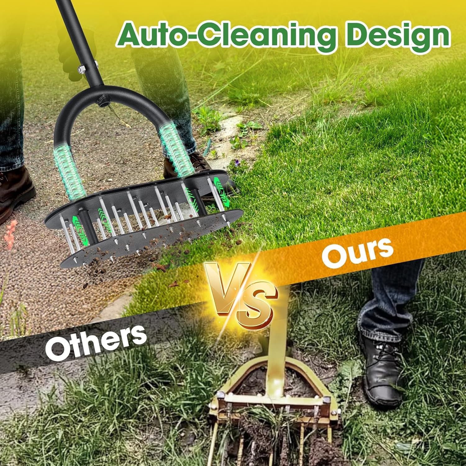 Onadak Lawn Aerator, Automatic Dirt and Leaf Clean Design, Pre-Assembled 15 Iron Spikes Metal, Soil Lawn Aerating Tools for Yard Lawn and Garden