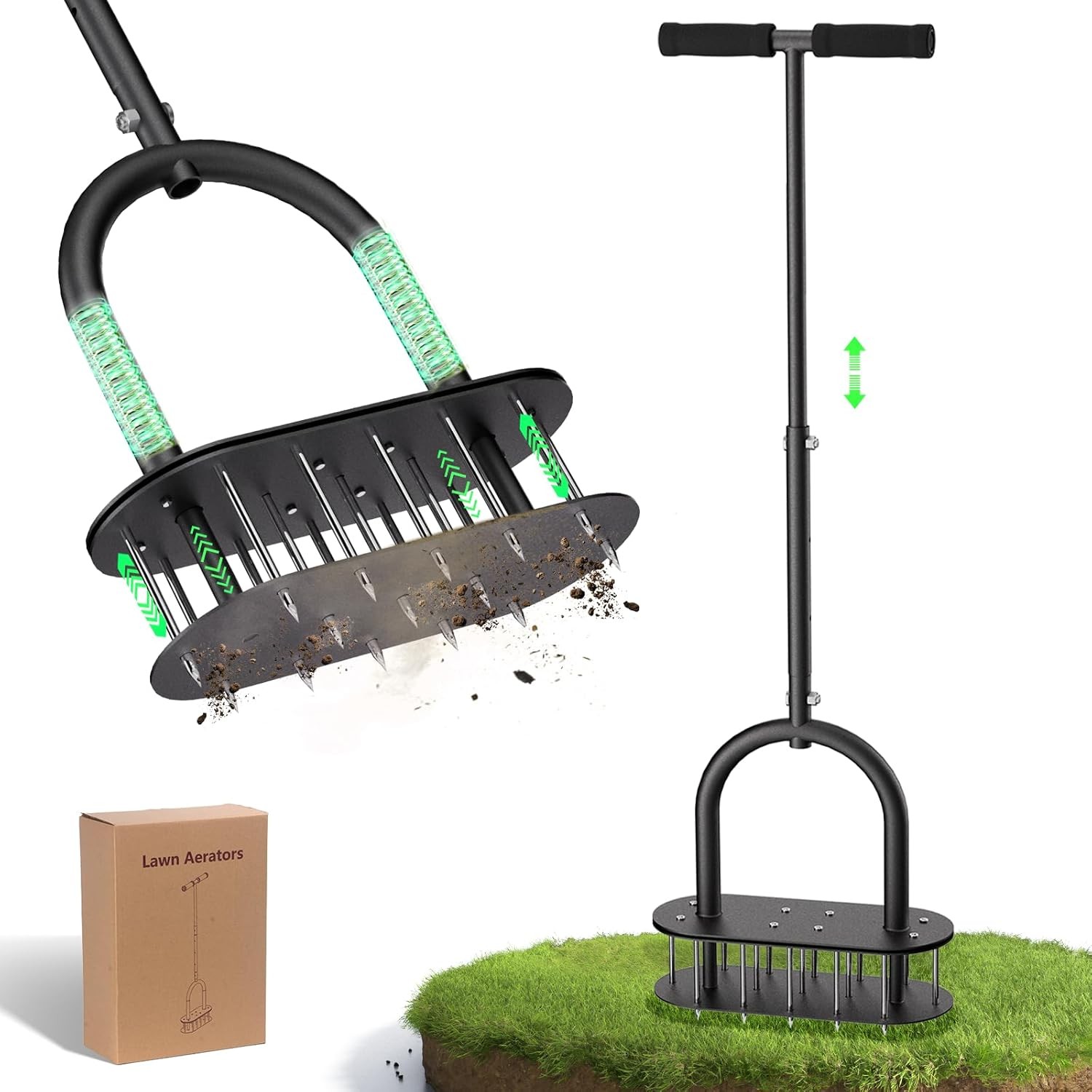 Onadak Lawn Aerator, Automatic Dirt and Leaf Clean Design, Pre-Assembled 15 Iron Spikes Metal, Soil Lawn Aerating Tools for Yard Lawn and Garden