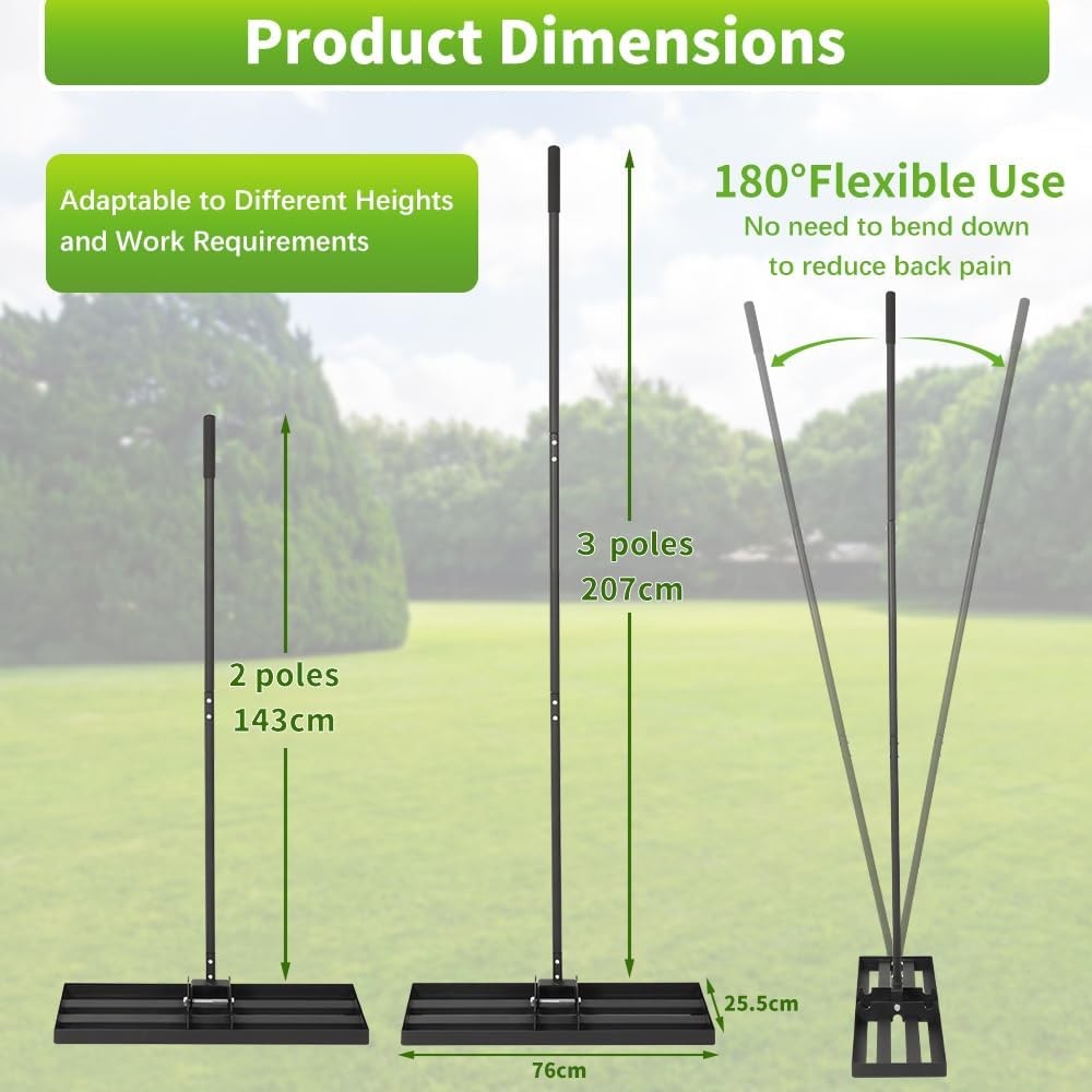 Kokorona Lawn Leveling Rake, 76 x 25.5cm Iron Lawn Lute, Black, 207cm Adjustable Handle