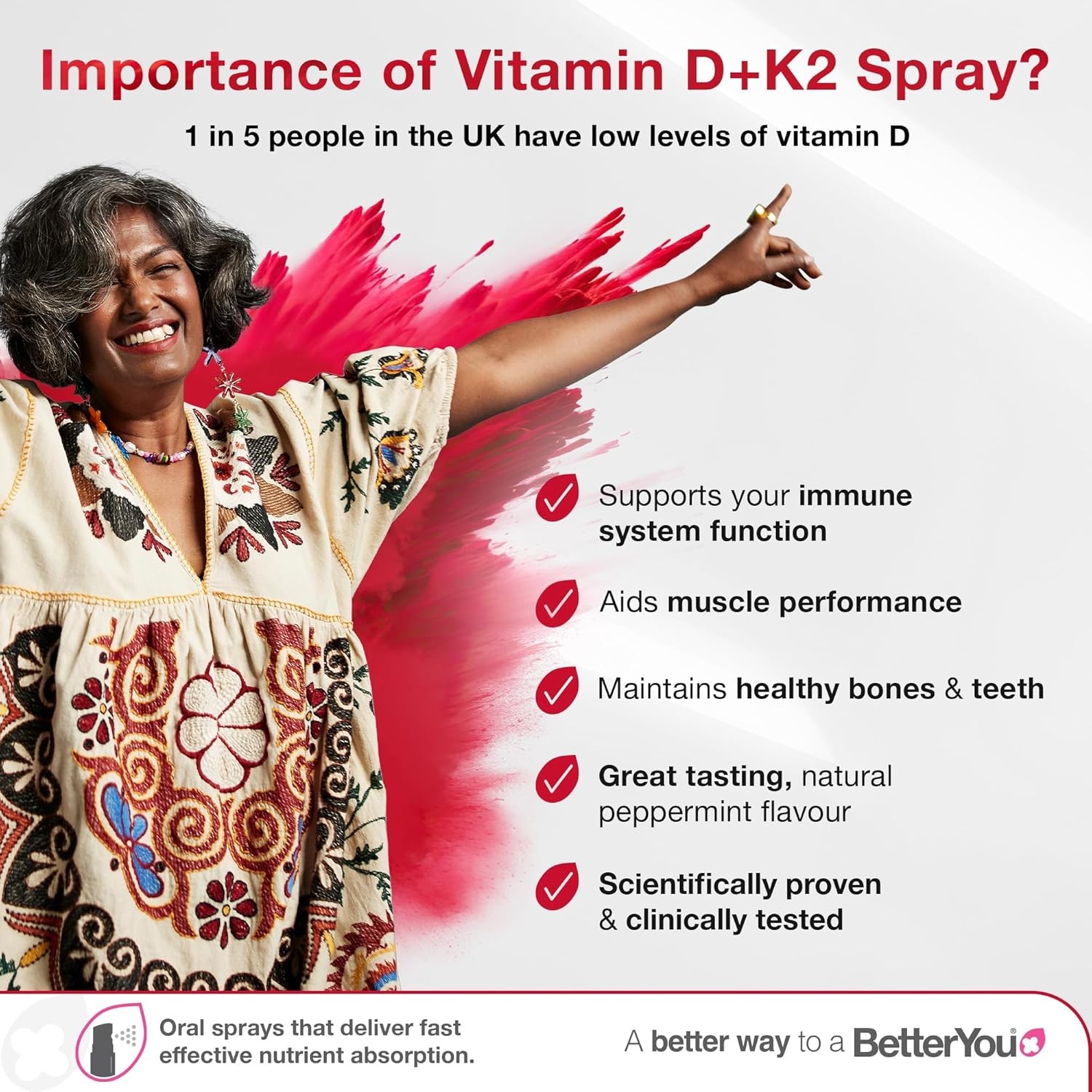 BetterYou Vitamin D3 K2 Oral Spray, Vitamin D 3000 IU + Vitamin K2 (MK7) Supplement, 1-Month Supply, Natural Peppermint Flavour