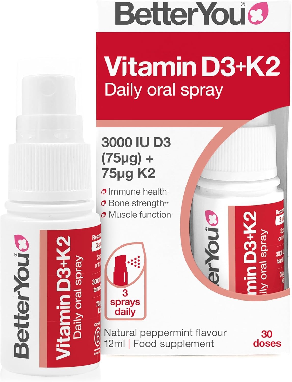 BetterYou Vitamin D3 K2 Oral Spray, Vitamin D 3000 IU + Vitamin K2 (MK7) Supplement, 1-Month Supply, Natural Peppermint Flavour