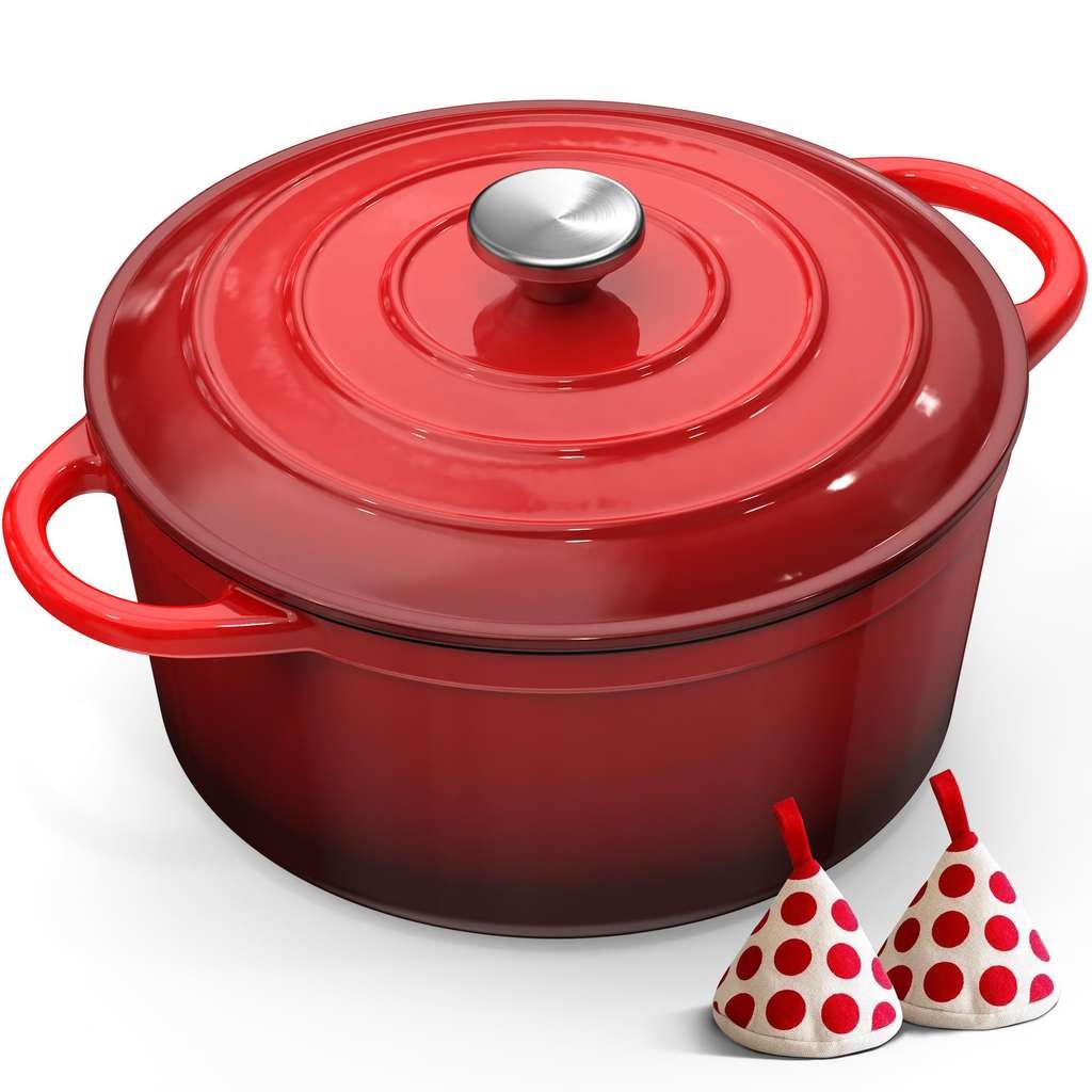 Cast Iron Dutch Oven, 26cm 5L Casserole Dish with Lid, Enamelled Cast Iron Round Pot, Serenilite store FBA