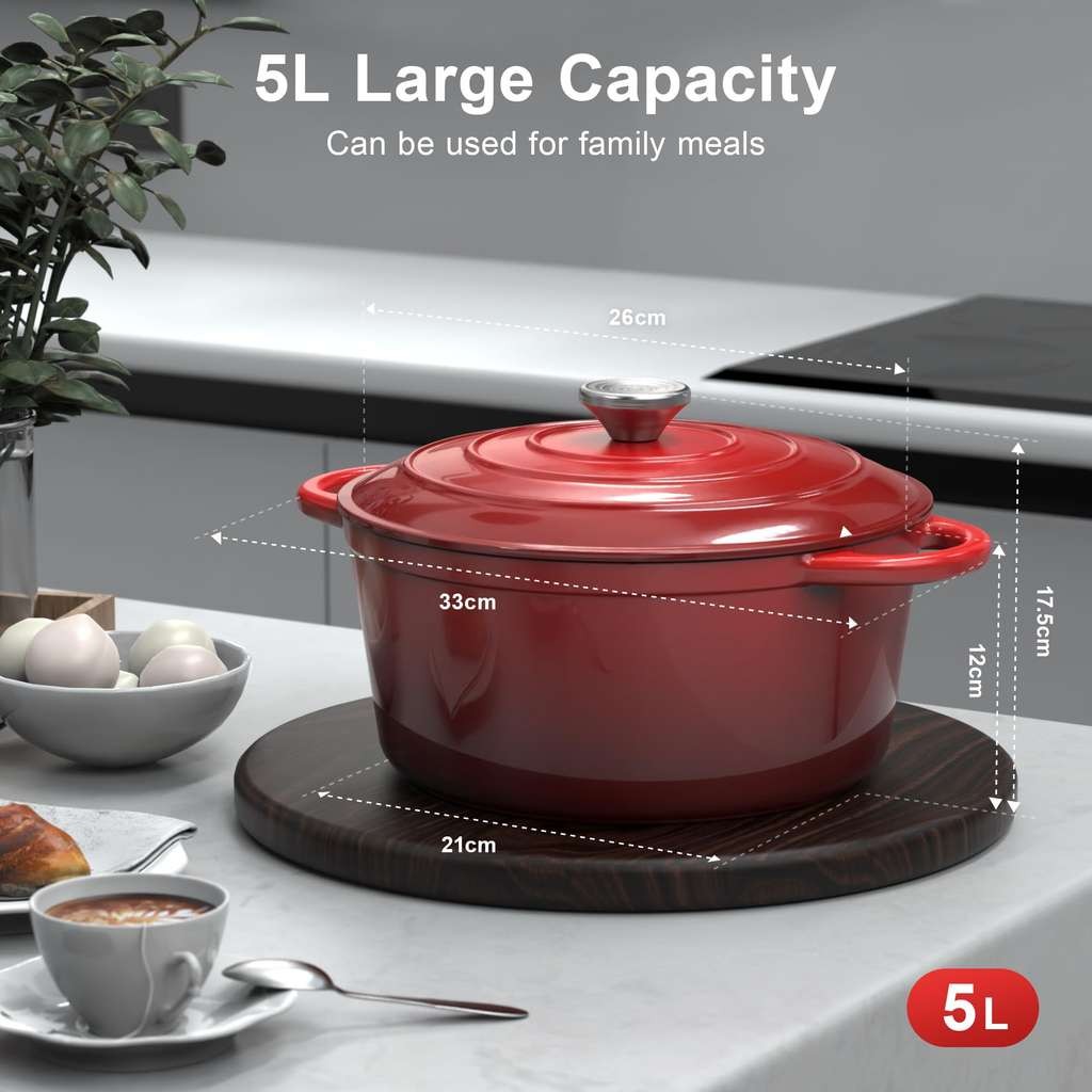 Cast Iron Dutch Oven, 26cm 5L Casserole Dish with Lid, Enamelled Cast Iron Round Pot, Serenilite store FBA