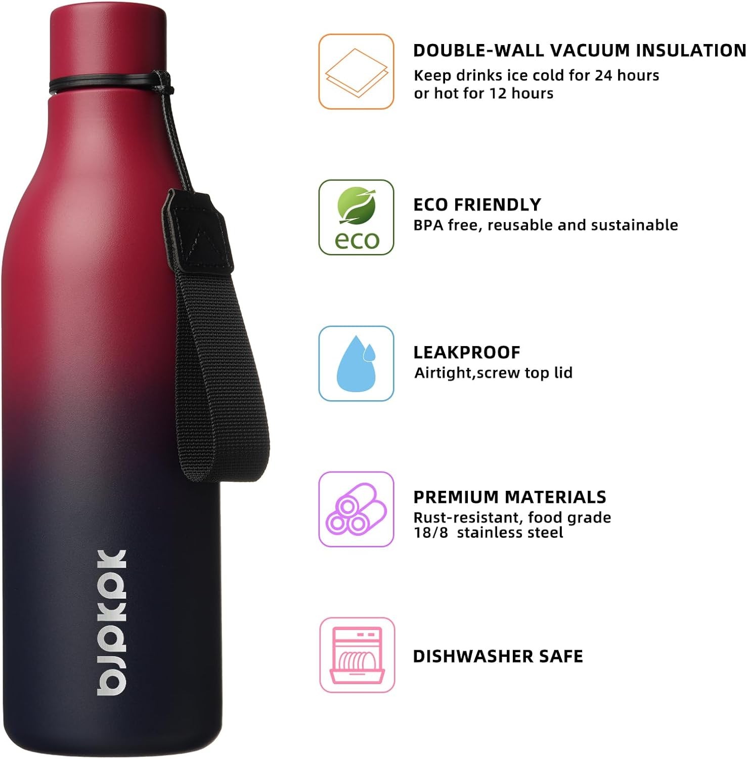 BJPKPK Insulated Water Bottle, 25 oz Stainless Steel Metal Water Bottle with Strap, BPA Free Leak Proof Thermos, Mugs, Flasks, Reusable Water Bottle for Sports & Travel, Charming Red