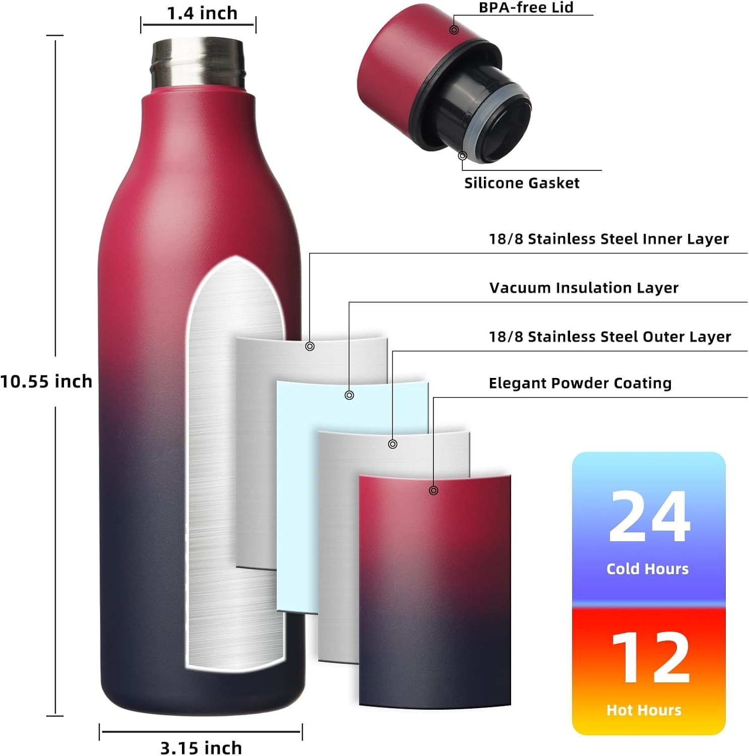 BJPKPK Insulated Water Bottle, 25 oz Stainless Steel Metal Water Bottle with Strap, BPA Free Leak Proof Thermos, Mugs, Flasks, Reusable Water Bottle for Sports & Travel, Charming Red