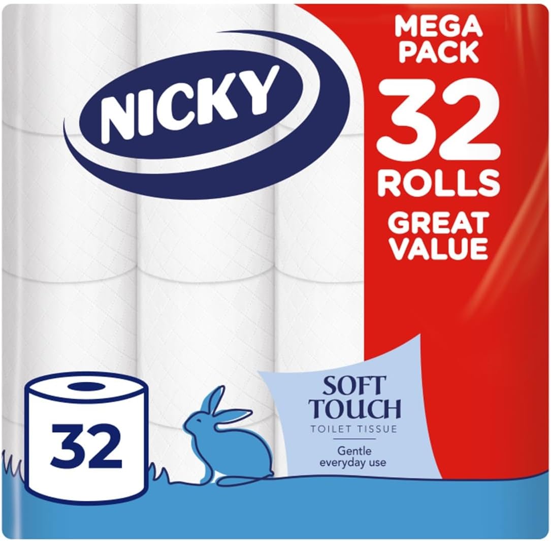 Nicky Soft Touch Toilet Tissue - 32 Rolls of Extra Gentle White Toilet Paper, 190 Sheets per Roll, 2-ply | Amazon