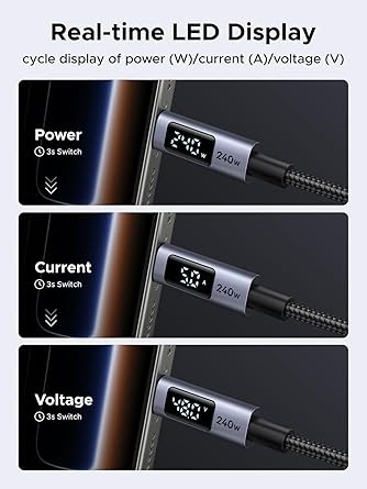 UGREEN 240W USB C to USB-C Cable with Built-in Digital Screen PD 3.1 Type C to C Fast Charging Cable, Compatible with MacBook Pro M4/Air, iPad Pro 2025, HP EliteBook, iPhone Air/17/16, Galaxy S25, 2M