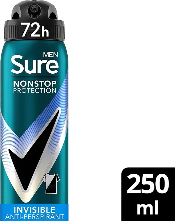 Sure Men Nonstop Protection Invisible Ice Fresh Deodorant Body Spray Antiperspirant, 72 hour odour and sweat protection, 250 ml