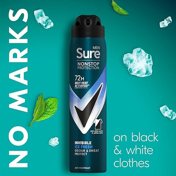 Sure Men Nonstop Protection Invisible Ice Fresh Deodorant Body Spray Antiperspirant, 72 hour odour and sweat protection, 250 ml