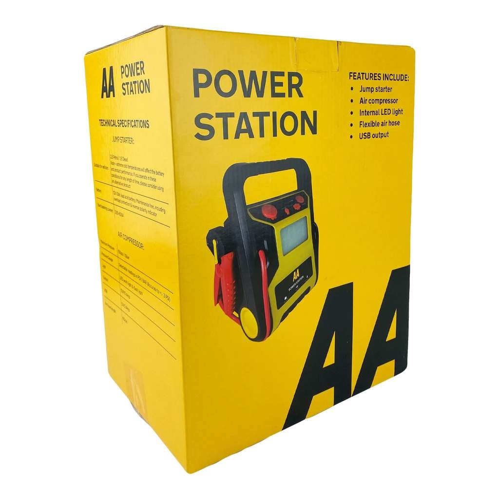 AA Power Station (AA1678) jump starter & tyre inflator. Up to 2.5L petrol, 1.6L diesel. LED light
