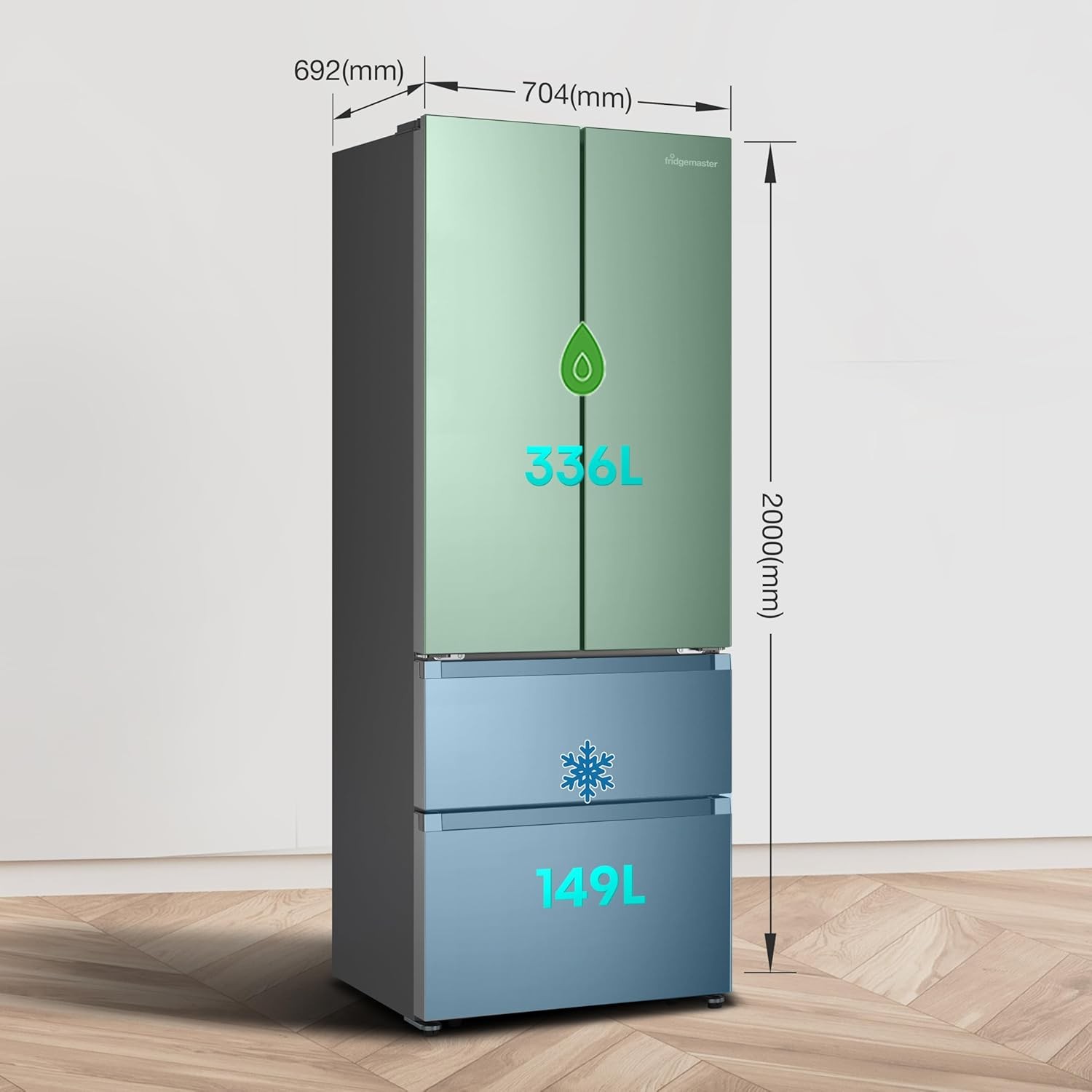 Fridgemaster MF70450ES French Door Fridge Freezer, 485L, Total No Frost, Silver, 69.4D x 70.4W x 200H cm, E Rated