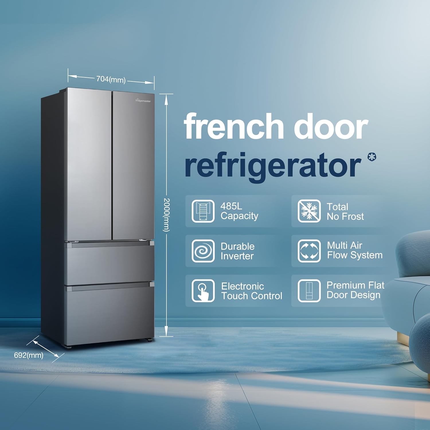 Fridgemaster MF70450ES French Door Fridge Freezer, 485L, Total No Frost, Silver, 69.4D x 70.4W x 200H cm, E Rated