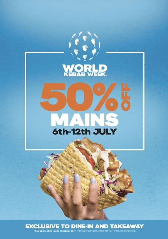 50% off Mains: £4.50 OG Kebab, OV Kebab (Veg / Plant-Based), Doner Wrap, £4.20 Quesadilla, £4.75 Doner Burrito, via app