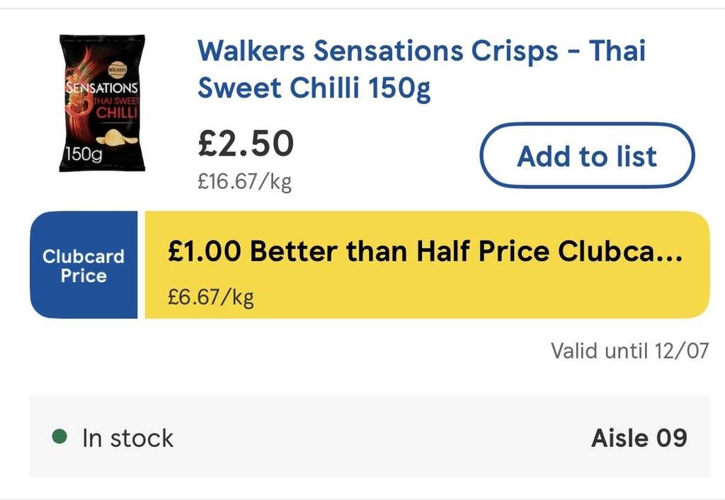 Walkers Sensations Crisps 150g, Thai Sweet Chilli, Chicken & Thyme, Vinegar & Caramelised Onion, Clubcard Price, Instore Only