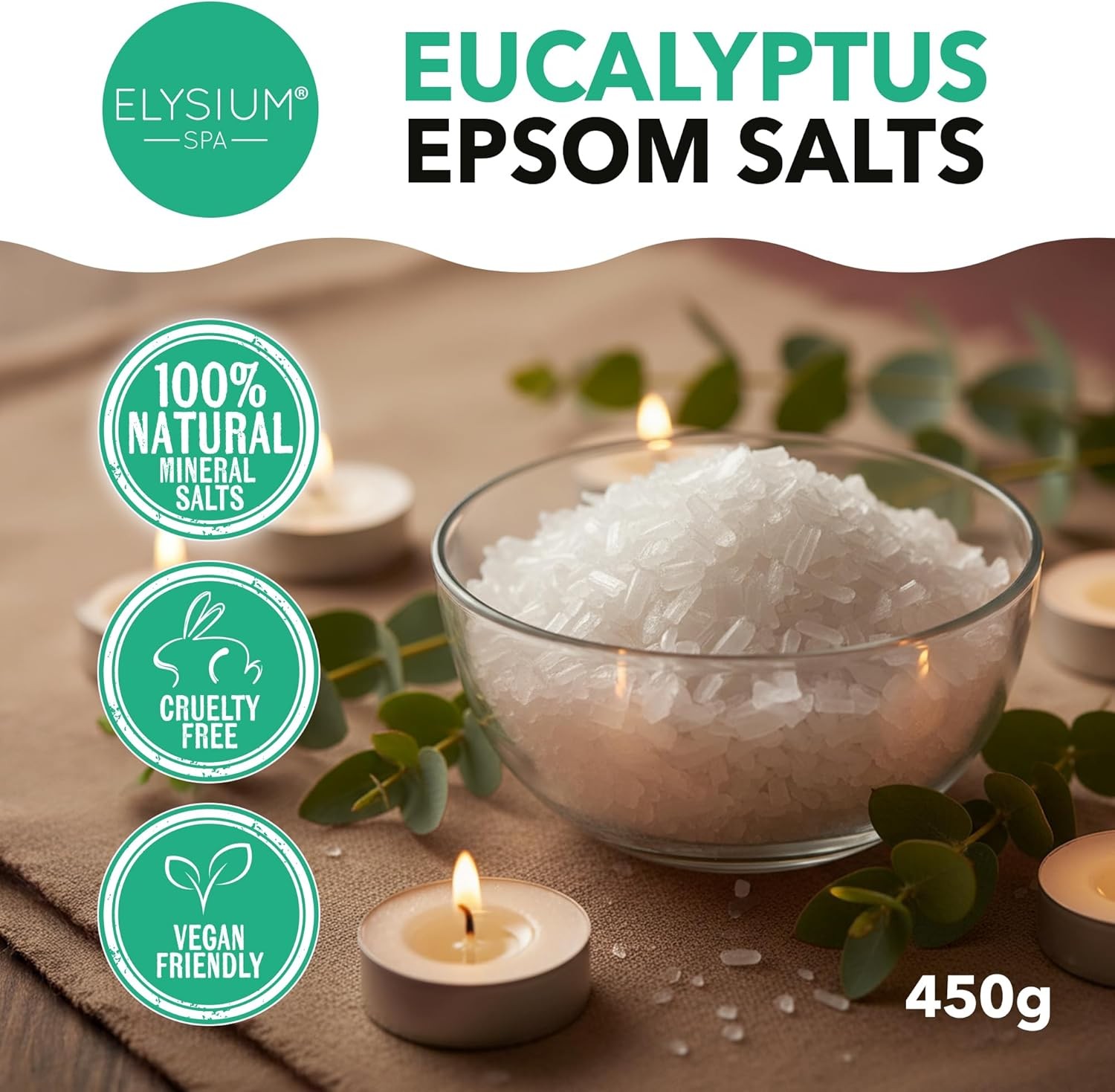 Elysium Spa Natural Eucalyptus Epsom Salts, White, 450g