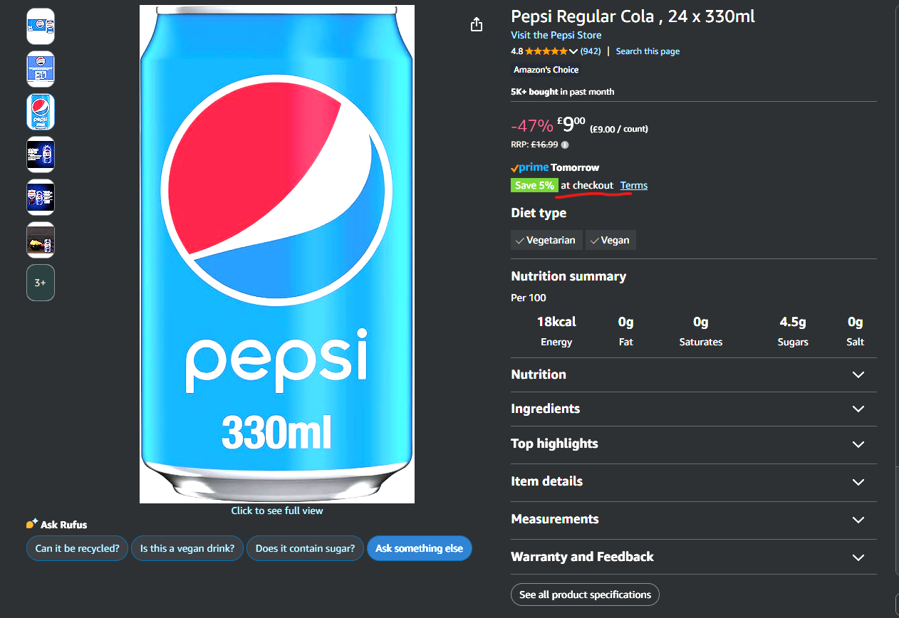 Pepsi Regular Cola , 24 x 330ml | Amazon / £7.65 S&S