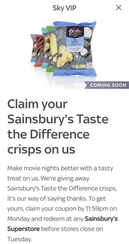 Free Taste the Difference Crisps at Sainsbury's (MySky VIP App coupon)