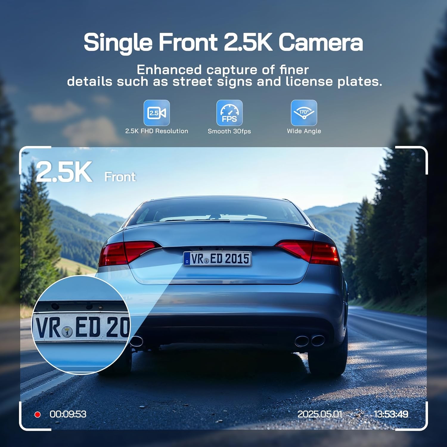Wolfang Dash Cam Front, 1440P Mini WiFi DashCam for Cars, 2 inch IPS Car Camera