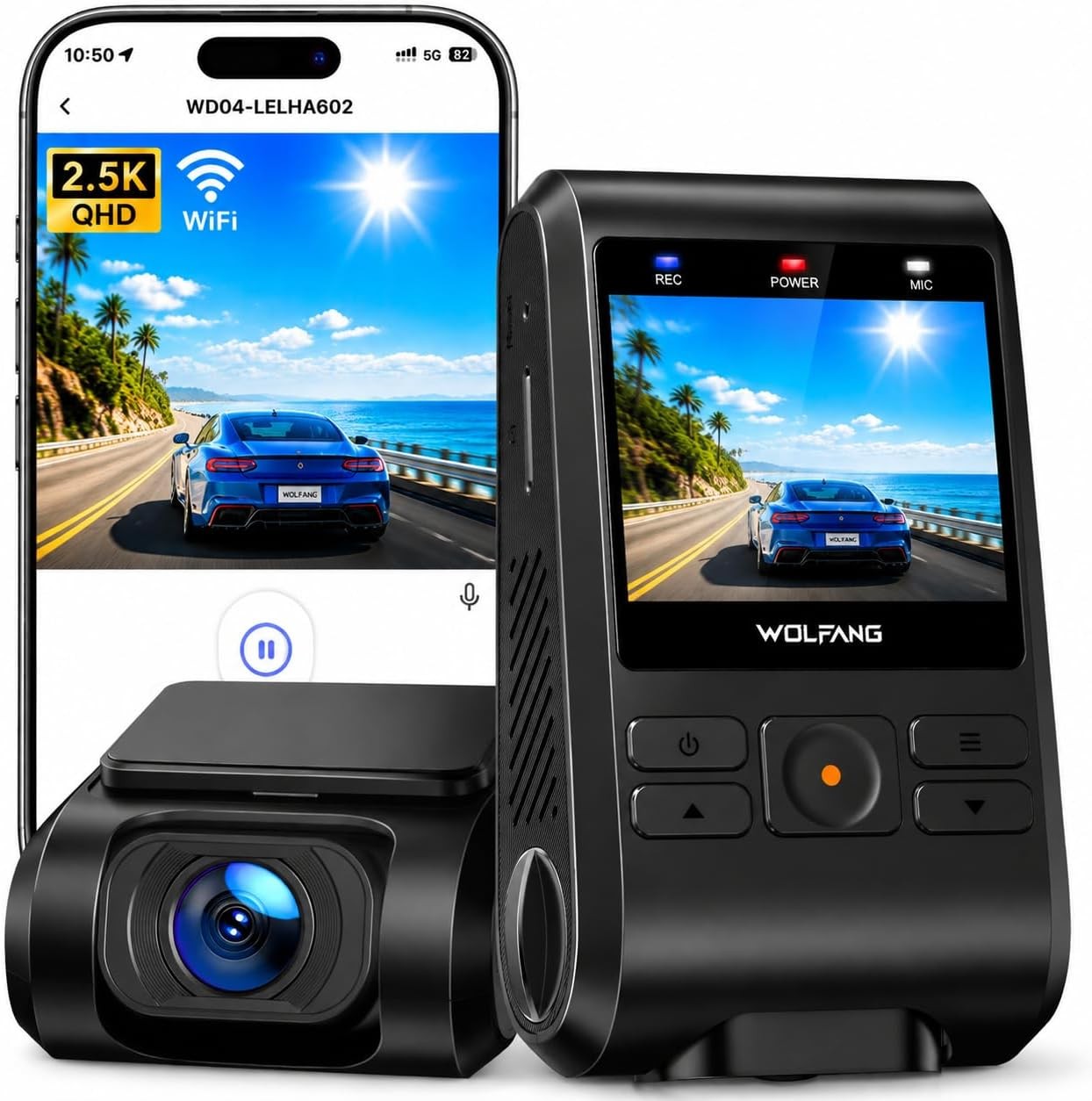 Wolfang Dash Cam Front, 1440P Mini WiFi DashCam for Cars, 2 inch IPS Car Camera