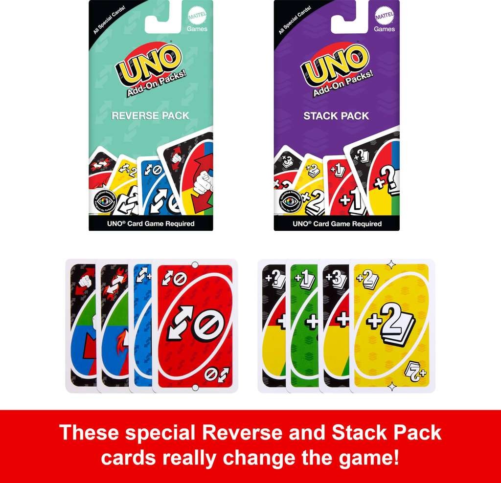 Mattel Games UNO Card Game with 2 Add On Packs with Storage Tin