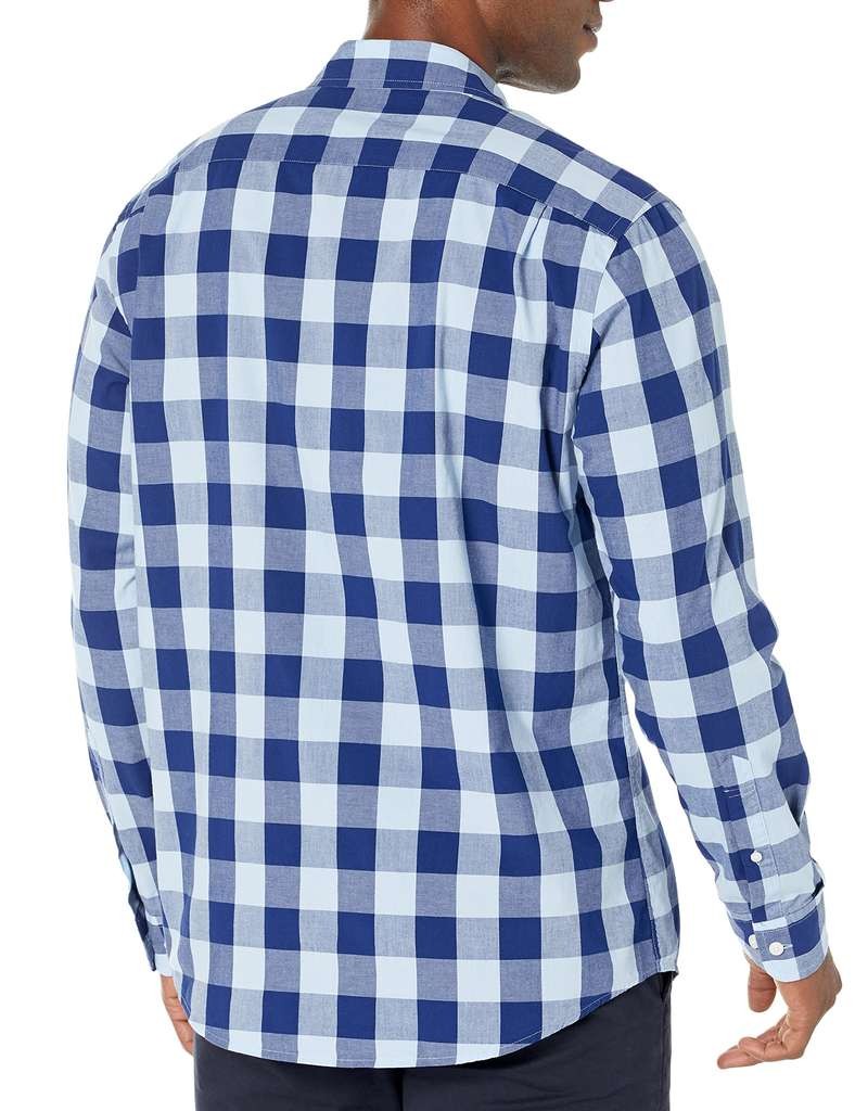 Good Amazon Essentials men's slim-fit long sleeve poplin shirt, blue buffalo check, 100% cotton, size L