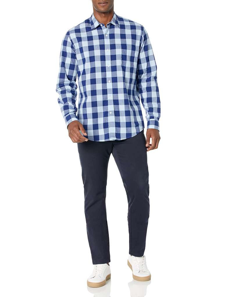 Good Amazon Essentials men's slim-fit long sleeve poplin shirt, blue buffalo check, 100% cotton, size L