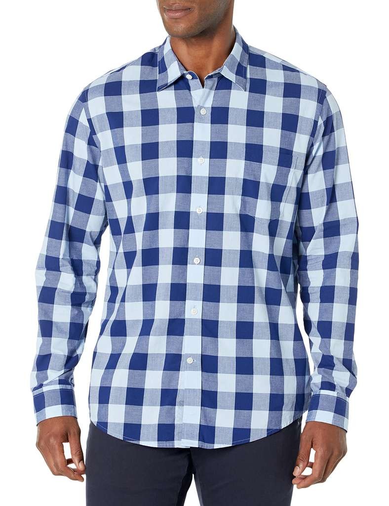 Good Amazon Essentials men's slim-fit long sleeve poplin shirt, blue buffalo check, 100% cotton, size L