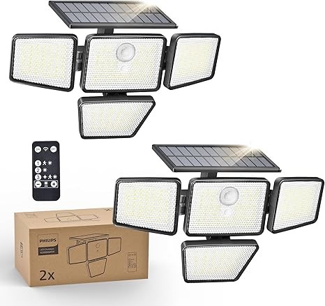 Philips Solar Security Light Outdoor, 196 LED Wall-Mounted Flood Light with PIR Motion Sensor, 3 Modes, 4 Adjustable Heads Solar-Powered Floodlights with Remote Control, IP65 Waterproof (2 Pack)