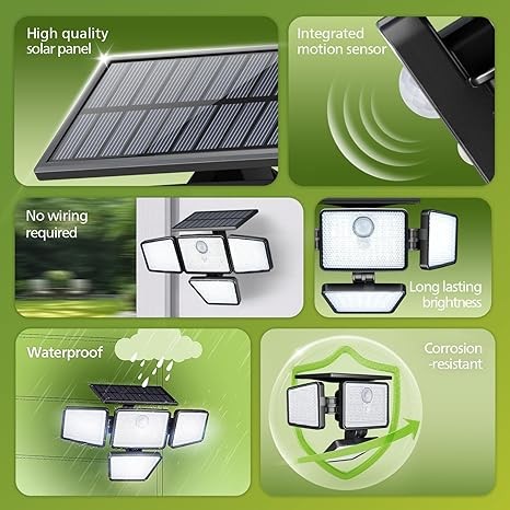 Philips Solar Security Light Outdoor, 196 LED Wall-Mounted Flood Light with PIR Motion Sensor, 3 Modes, 4 Adjustable Heads Solar-Powered Floodlights with Remote Control, IP65 Waterproof (2 Pack)