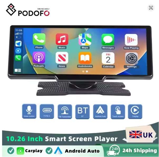 Podofo 10.26" Wireless Carplay Android Auto Portable Digital Dashboard, Smart Player With Voice Control, New customer with code, By Podofo UK
