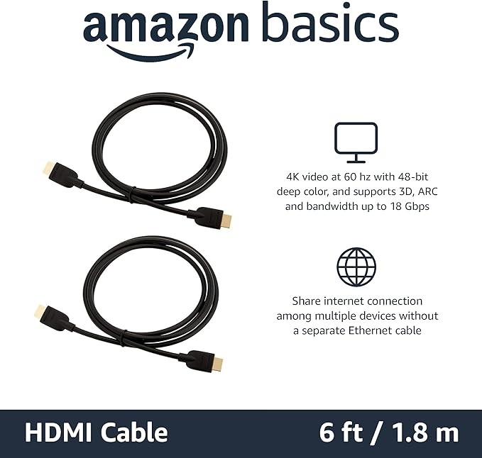 Amazon Basics HDMI Cable, 2-Pack, 6ft, 4K@60Hz, High-Speed 4K HDMI 2.0 Cord (18Gbps), 2160p, 48 bit, Compatible with TV/PS5/Xbox/Roku, Black