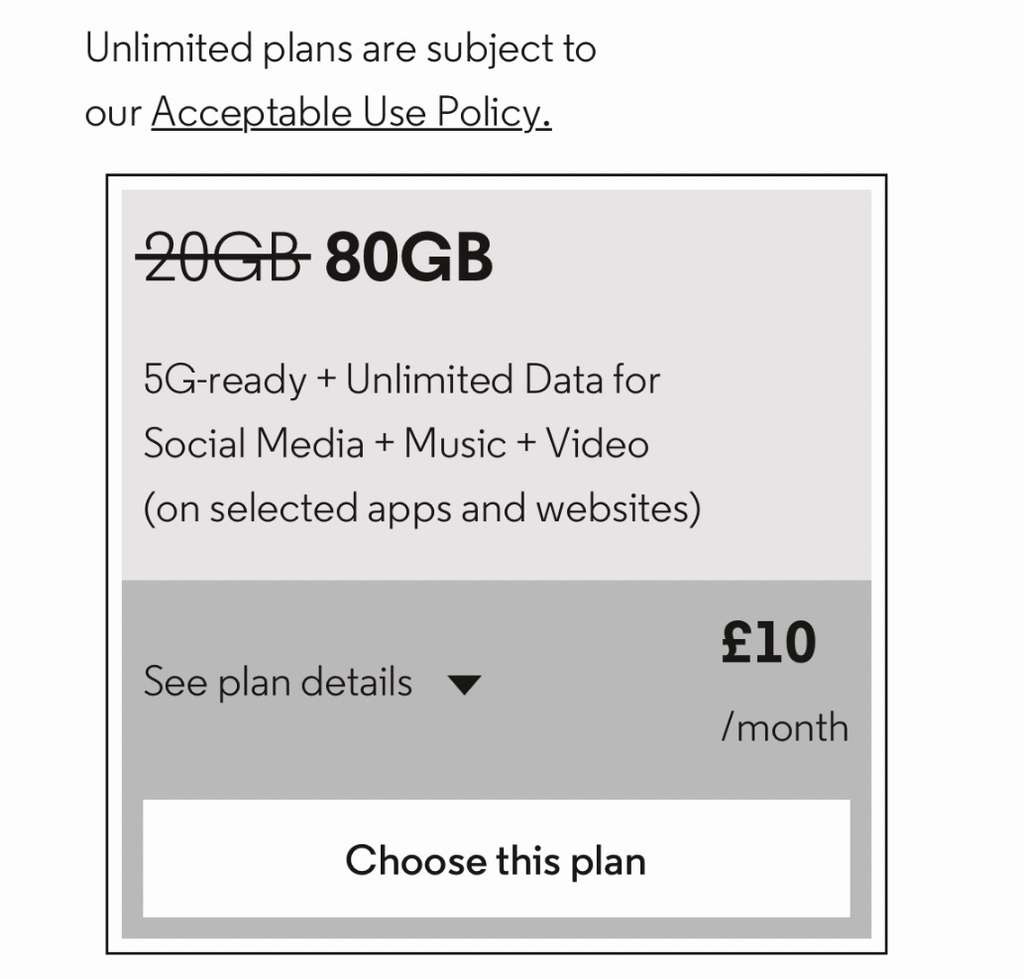 80GB Unlimited Social, Music and Video for Existing Members