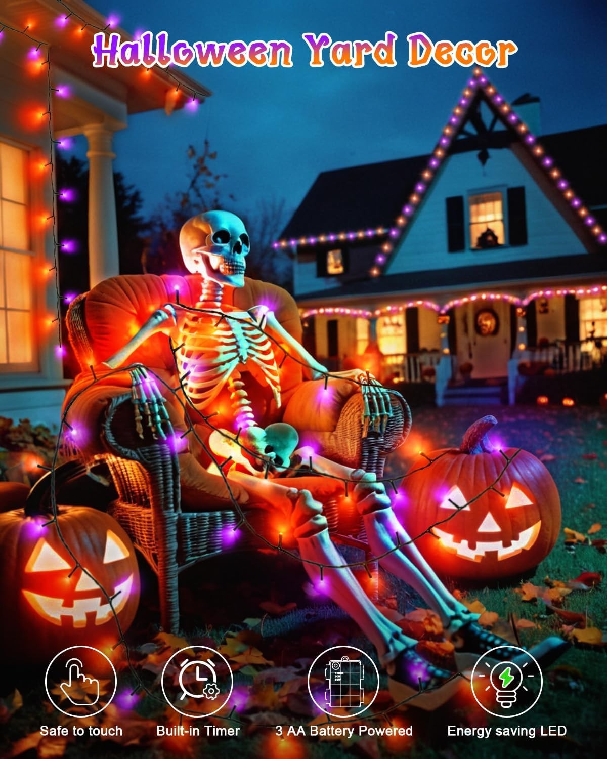 Dalugo Halloween Lights, 5M 50 LED Orange Purple Fairy Lights with Timer, IP65 Waterproof