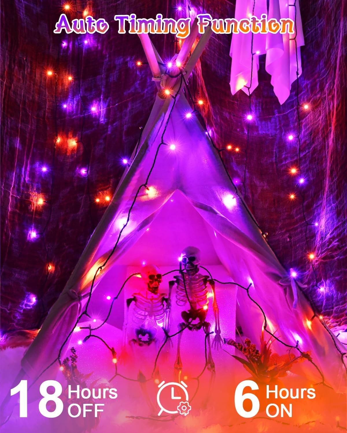 Dalugo Halloween Lights, 5M 50 LED Orange Purple Fairy Lights with Timer, IP65 Waterproof