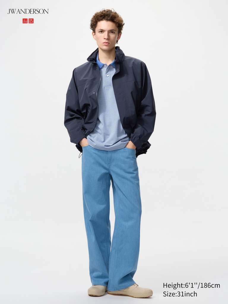 UNIQLO Wide Straight Colour 100% Cotton Jeans, men's 28-36, blue/beige, free Click & Collect