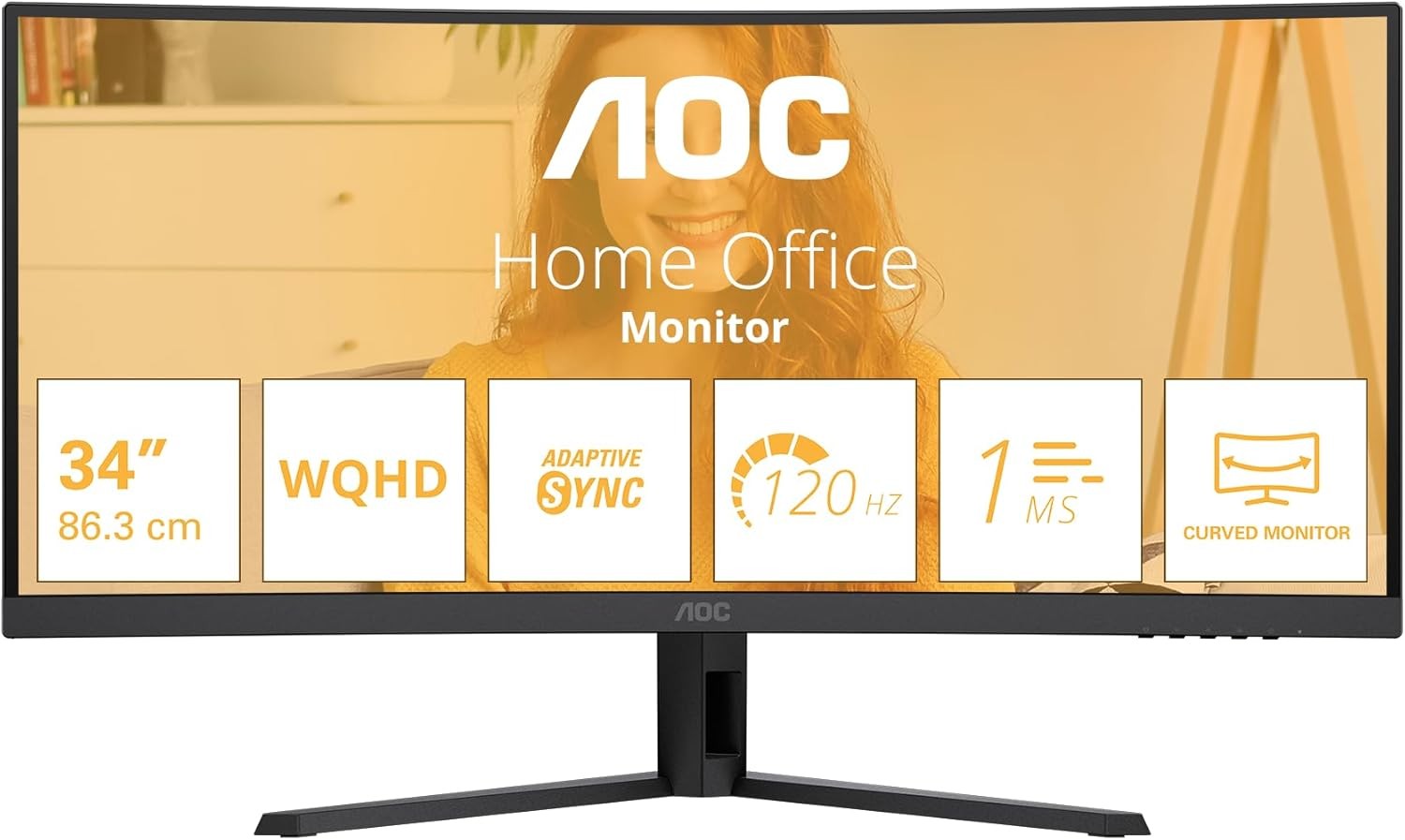 AOC CU34B3E 34 inch UW-QHD Curved Monitor, 120Hz, VA Panel, 4ms GtG, HDR Ready, 3440x1440 HDMI 1x 2.0 DP 1x 1.4, Black