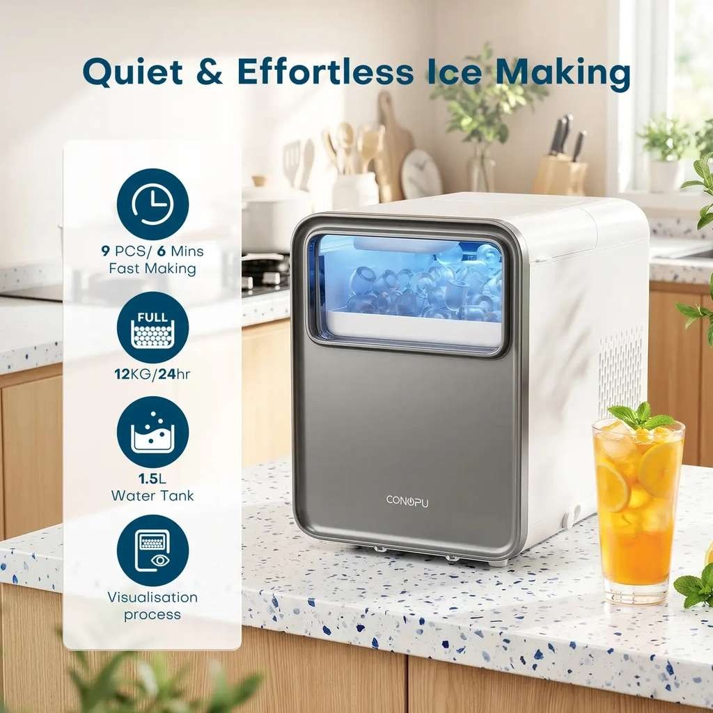 Conopu Self-Cleaning Countertop Ice Maker, 9 Ice Cubes in 6 mins, Compact and Quiet with Basket and Scoop, 2 Sizes of Bullet Ice