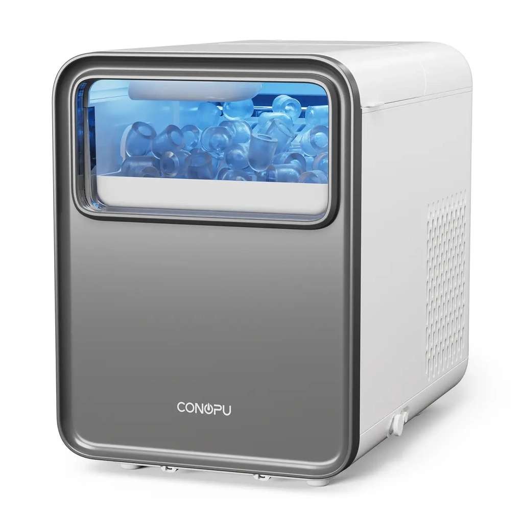 Conopu Self-Cleaning Countertop Ice Maker, 9 Ice Cubes in 6 mins, Compact and Quiet with Basket and Scoop, 2 Sizes of Bullet Ice