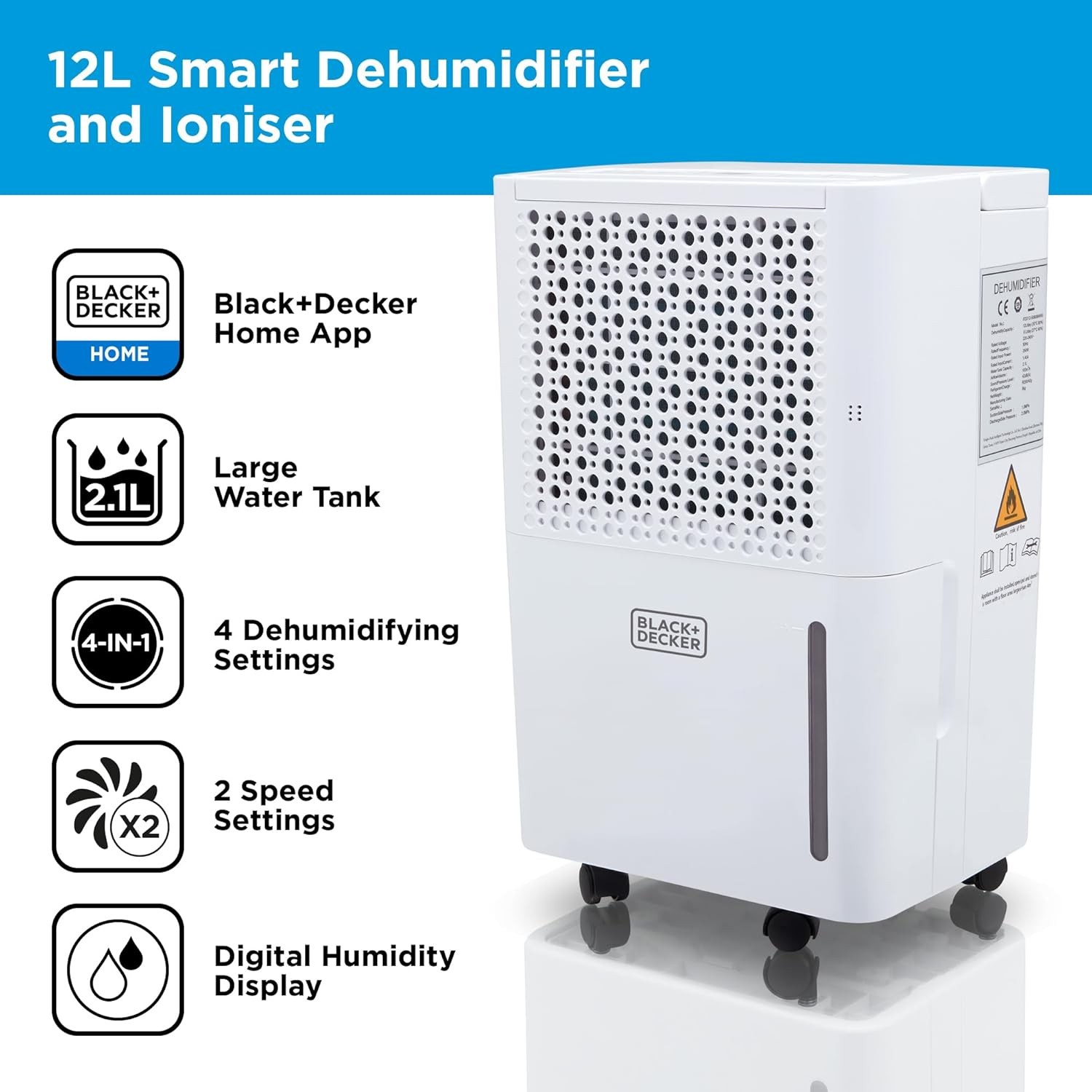 BLACK+DECKER 12L Smart Dehumidifier & Ionizer, 4 Modes, Quiet, 2.1L Water Tank, 24 Hour Timer, White, BXEH60016GB