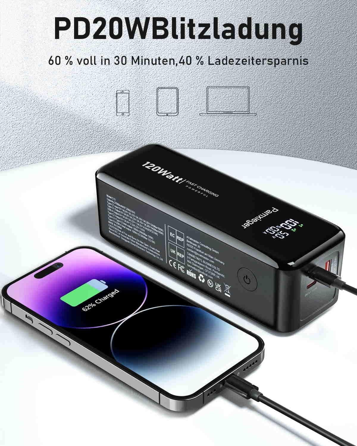 Pamxieger 27000mAh 120W USB-C Power Bank with Smart Digital Display