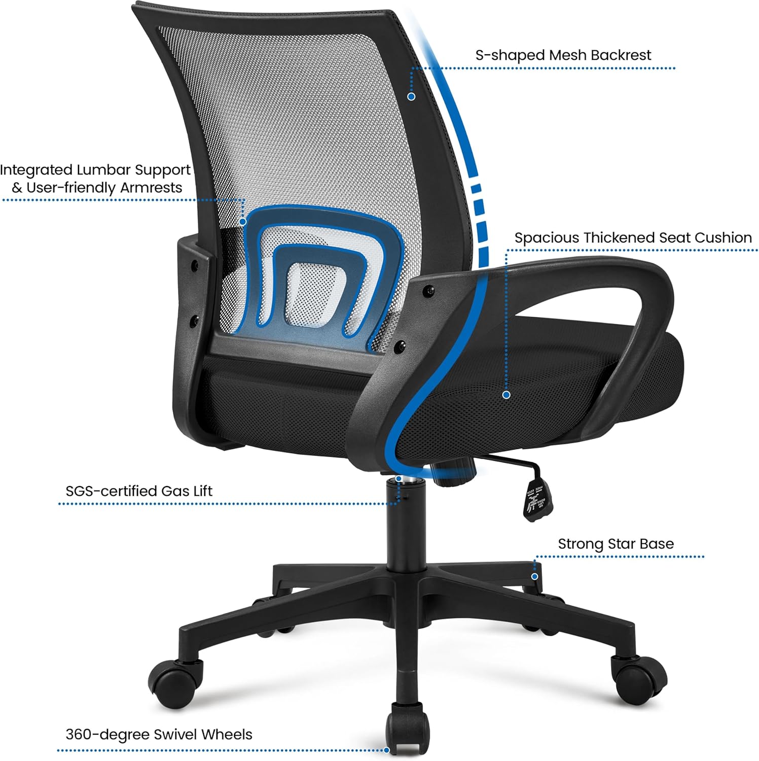 Yaheetech Modern Ergonomic Office Chair Adjustable Swivel Mesh Computer Chair with Back Support Arms