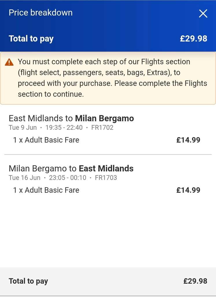 Ryanair return flights East Midlands to Milan Bergamo (9-16 June), hand luggage 40x20x30cm