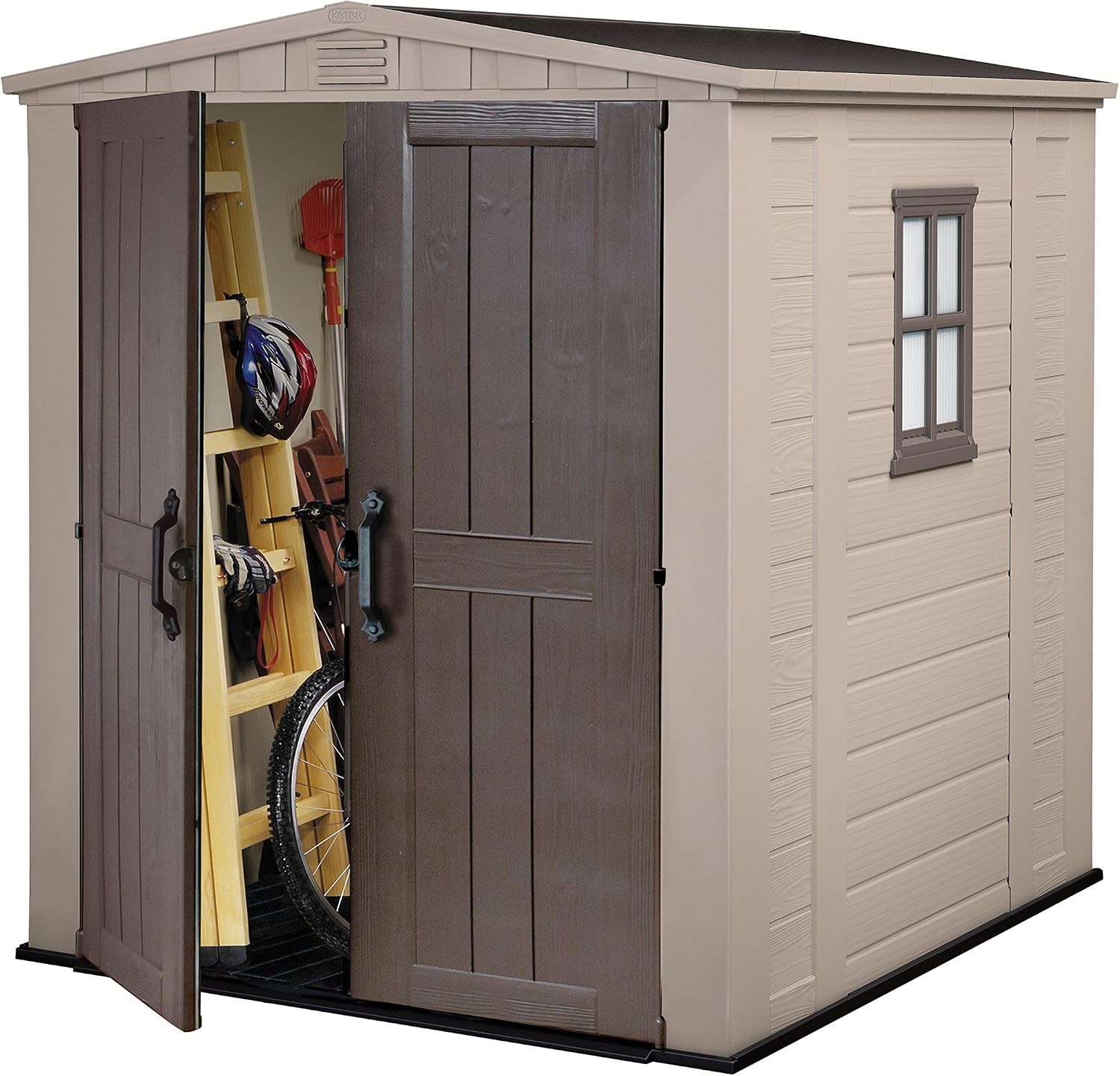Keter Factor Outdoor Apex Double Door Garden Storage Shed 6 x 6ft Beige Brown