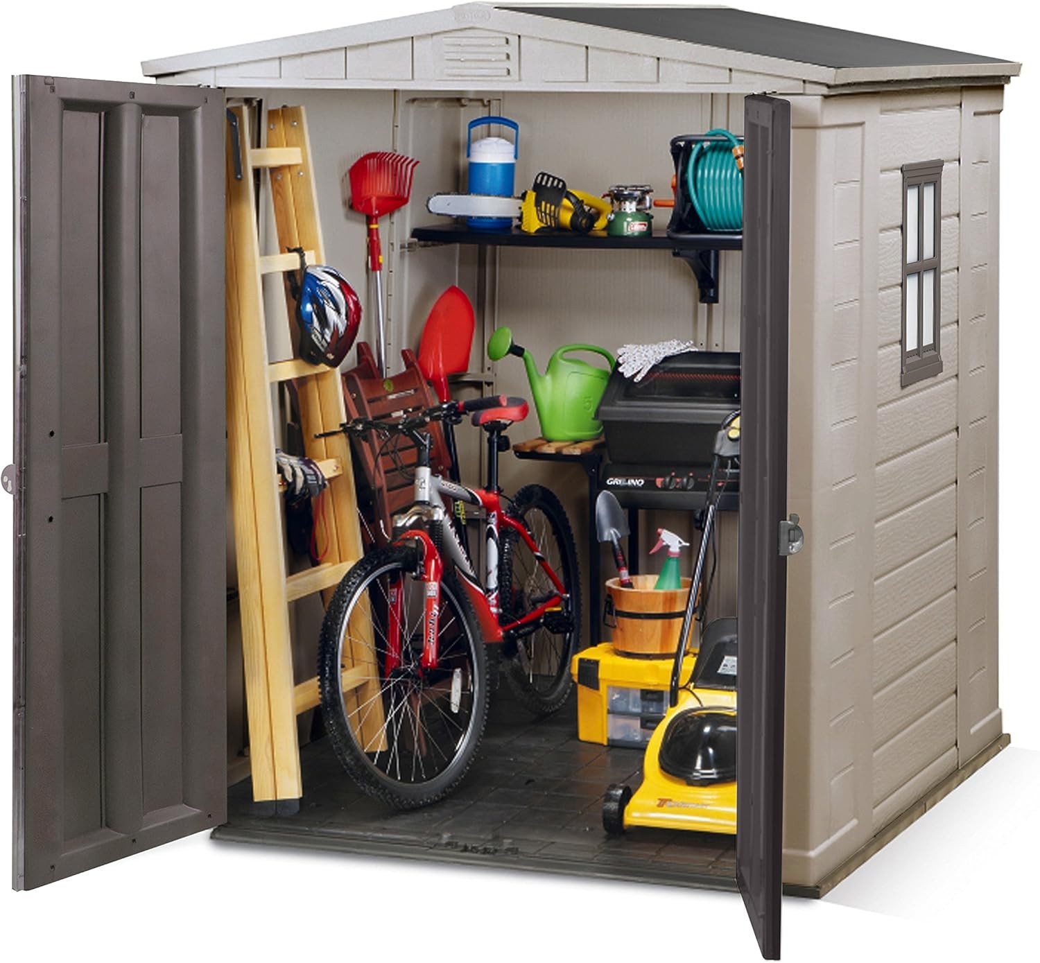 Keter Factor Outdoor Apex Double Door Garden Storage Shed 6 x 6ft Beige Brown