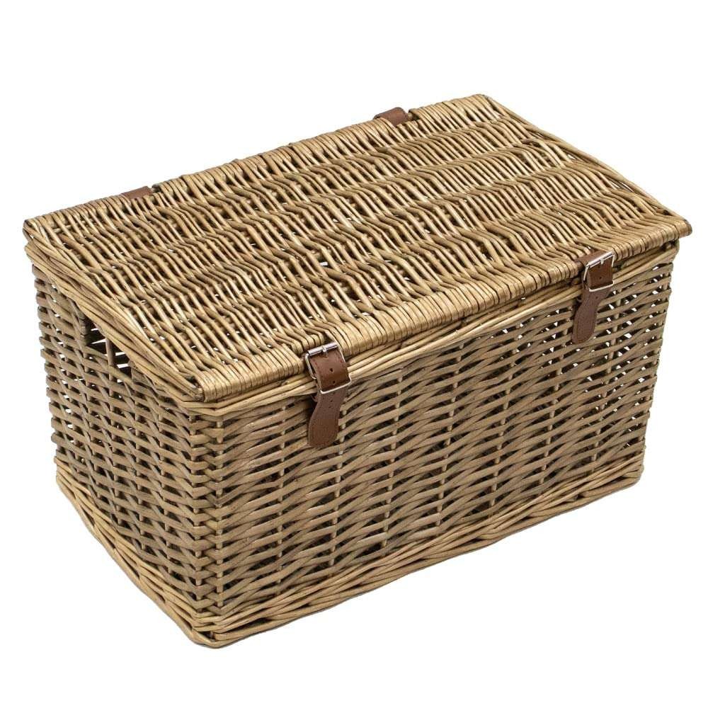 JVL Medium Handmade Buff Wicker Hamper or Picnic Basket, Faux Leather Straps