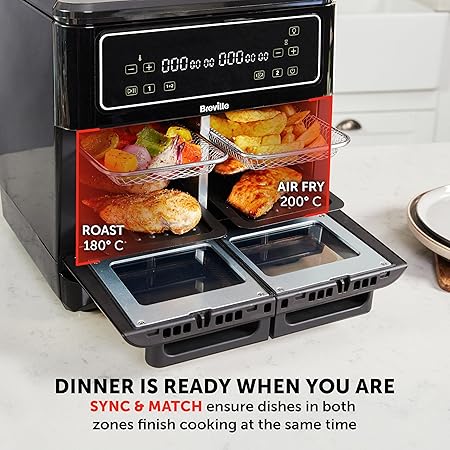 Breville Halo Flexi Air Fryer & Large Mesh Tray | Digital Dual Air Fryer Oven | 11L: Serves 10+ | FryBakeGrillRoast & Reheat | 2400 W | Save £65 a Year on Energy Bills* | Black [VDF138]
