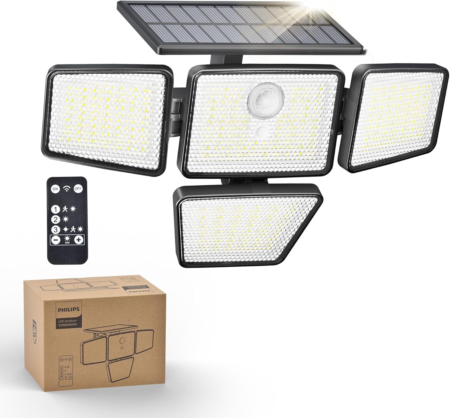 Philips Solar Security Light Outdoor, 196 LED Wall-Mounted Flood Light with PIR Motion Sensor, 3 Modes, 4 Adjustable Heads Solar-Powered Floodlights with Remote Control, IP65 Waterproof