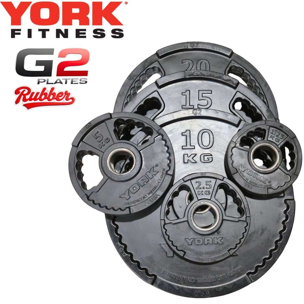 York G2 Rubber Olympic Plates, singles: 10/15 £17.99, 20 £23.99, 5 £5.99, 2.5 £2.99, 1.25 £1.49