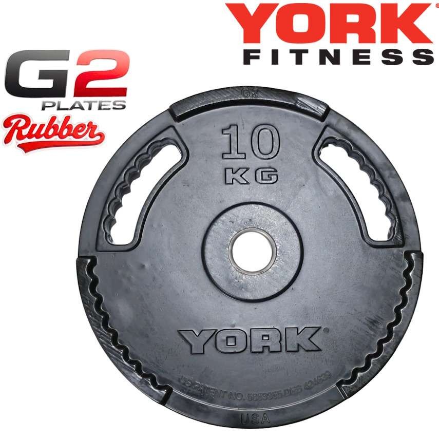 York G2 Rubber Olympic Plates, singles: 10/15 £17.99, 20 £23.99, 5 £5.99, 2.5 £2.99, 1.25 £1.49